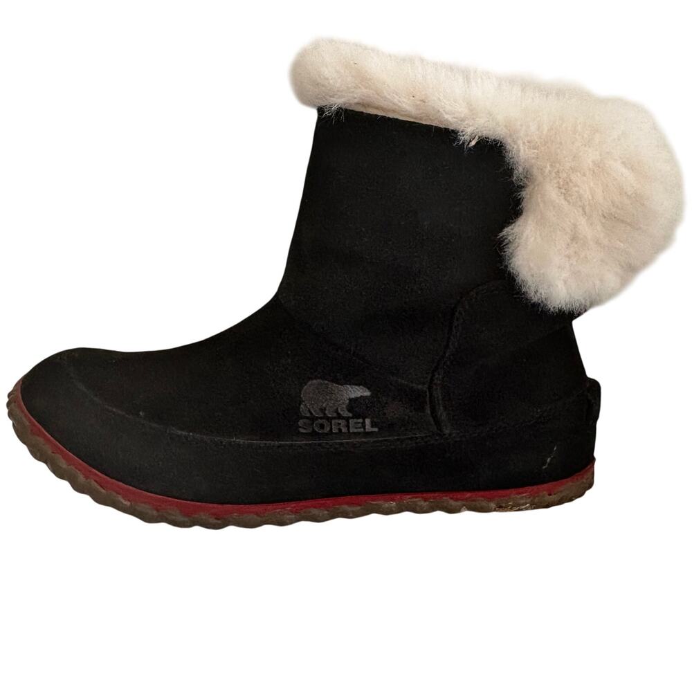SOREL Out And About Black Suede Faux Fur Lined Ankle Boots Booties Cozy Warm